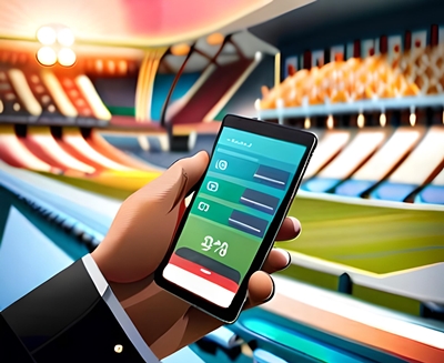 A hand holding a sports betting app mobile phone in a stadium